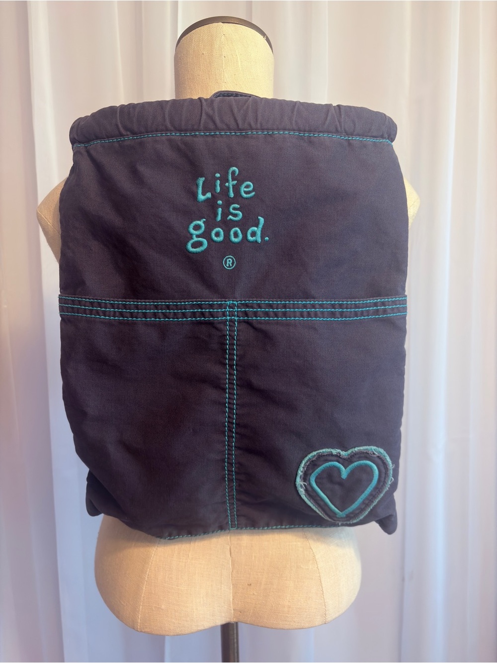 Life is Good Navy Blue Drawstring BackPack with Teal Embroidery Heart Cinch